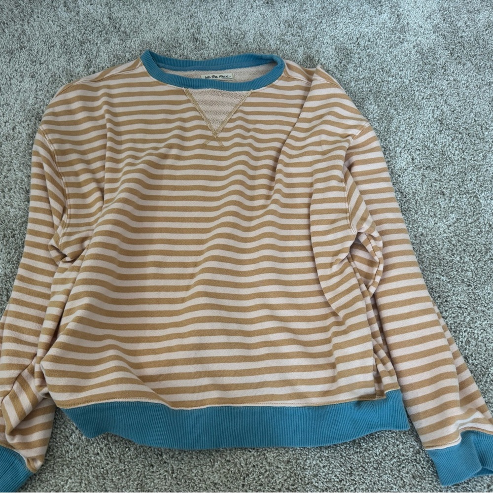 We The Free Cream and Tan Striped Crew Sweater with Blue Trim